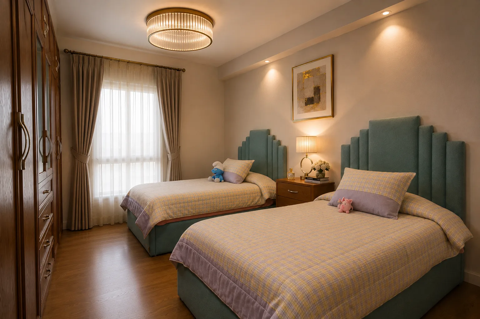 Twin bedroom with teal headboards in the Mivida Compound project in 5th Settlement
