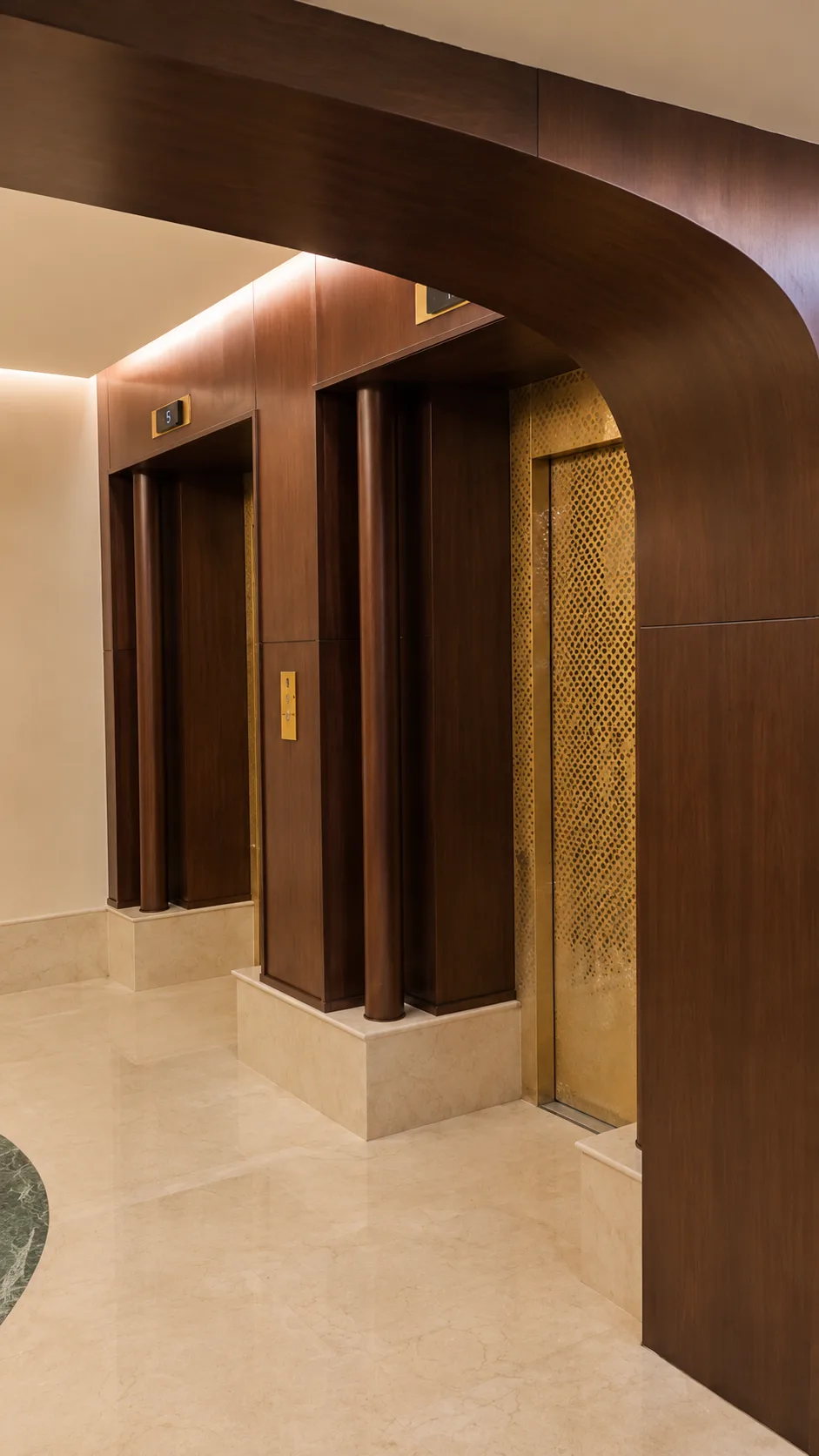 Gold-trimmed lift lobby in the Sonesta Hotel project in Nasr City