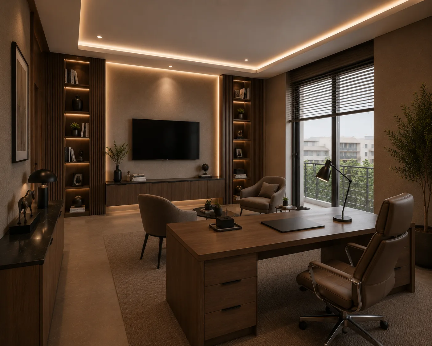 Dark home office and lounge in the Palm Hills VGK project in 5th Settlement