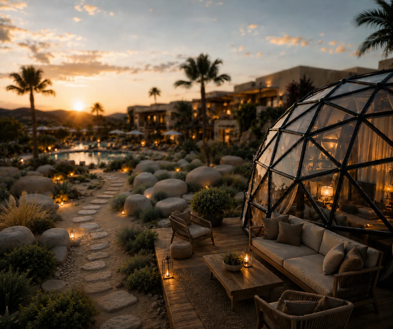 Resort landscape at sunset in the Dome Resort project in Sahl Hashish