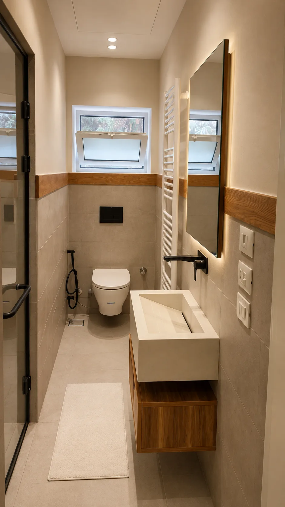 Compact bathroom with black fittings in the Maadi Villa project in Maadi