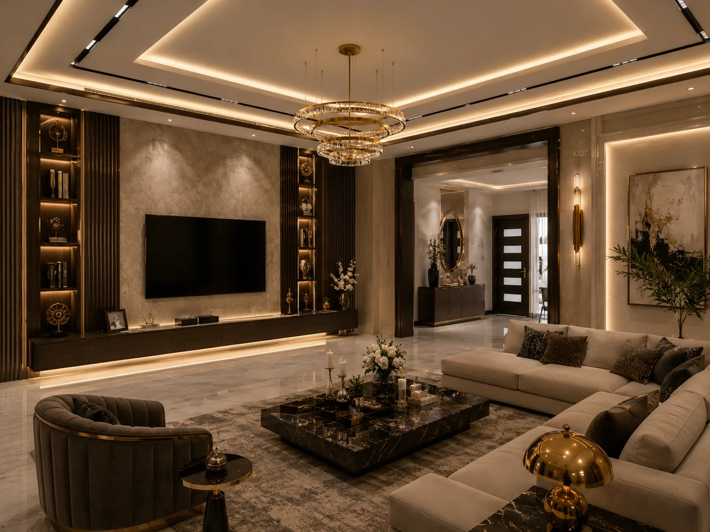 Luxury living room with pool view in the Pyramid Hills Compound project in 6 October
