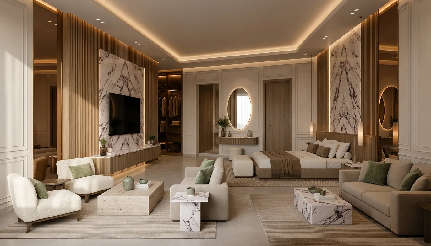 Bright living room with marble media wall in the Palm Hills VGK Compound project in 5th Settlement