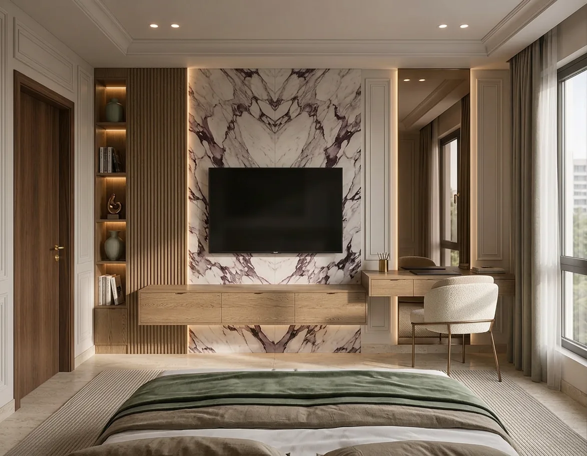 Marble media wall in bedroom in the Palm Hills VGK Compound project in 5th Settlement