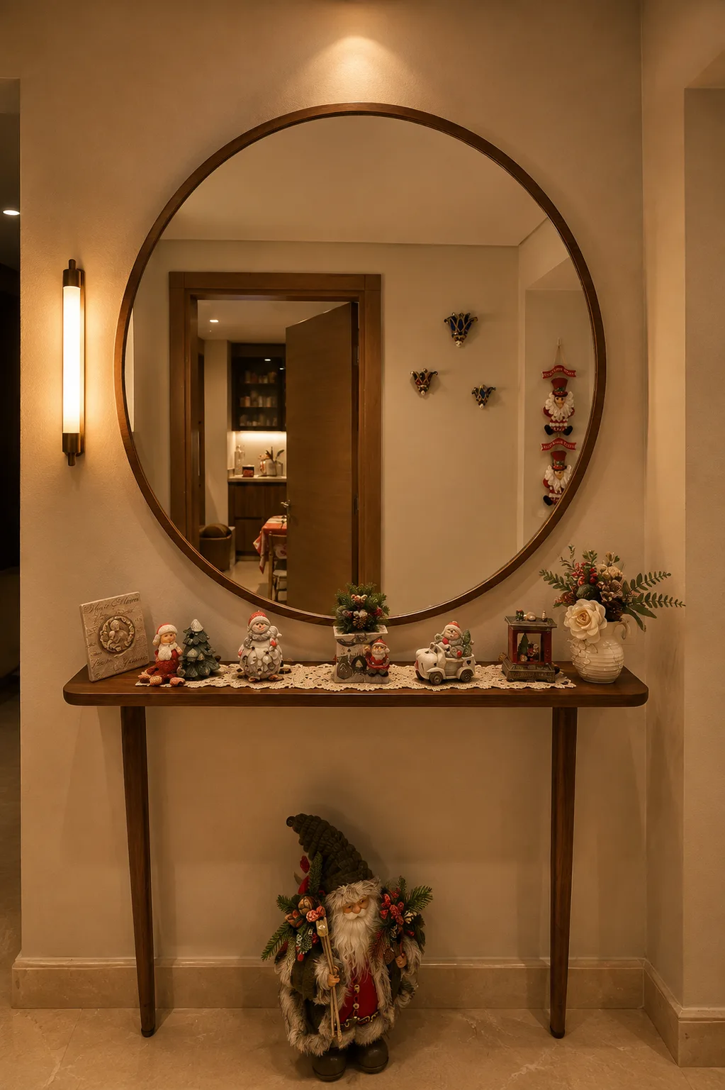 Round mirror and decorative console in the Mivida Compound project in 5th Settlement