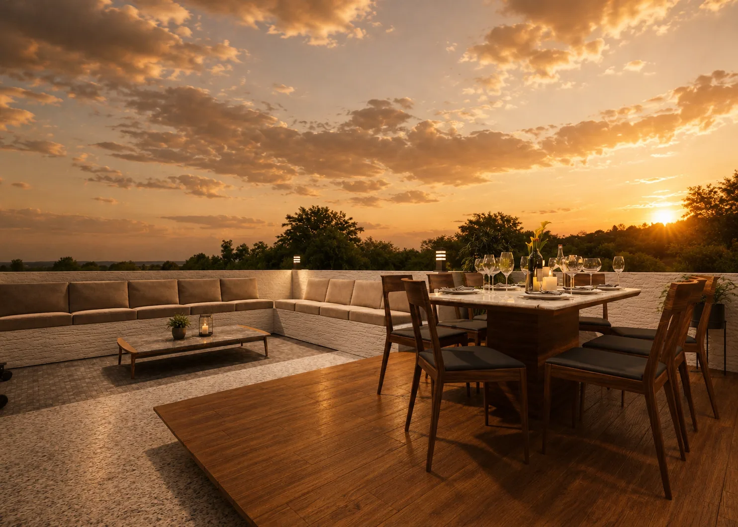 Roof terrace dining at sunset in the Madinaty project in Madinaty