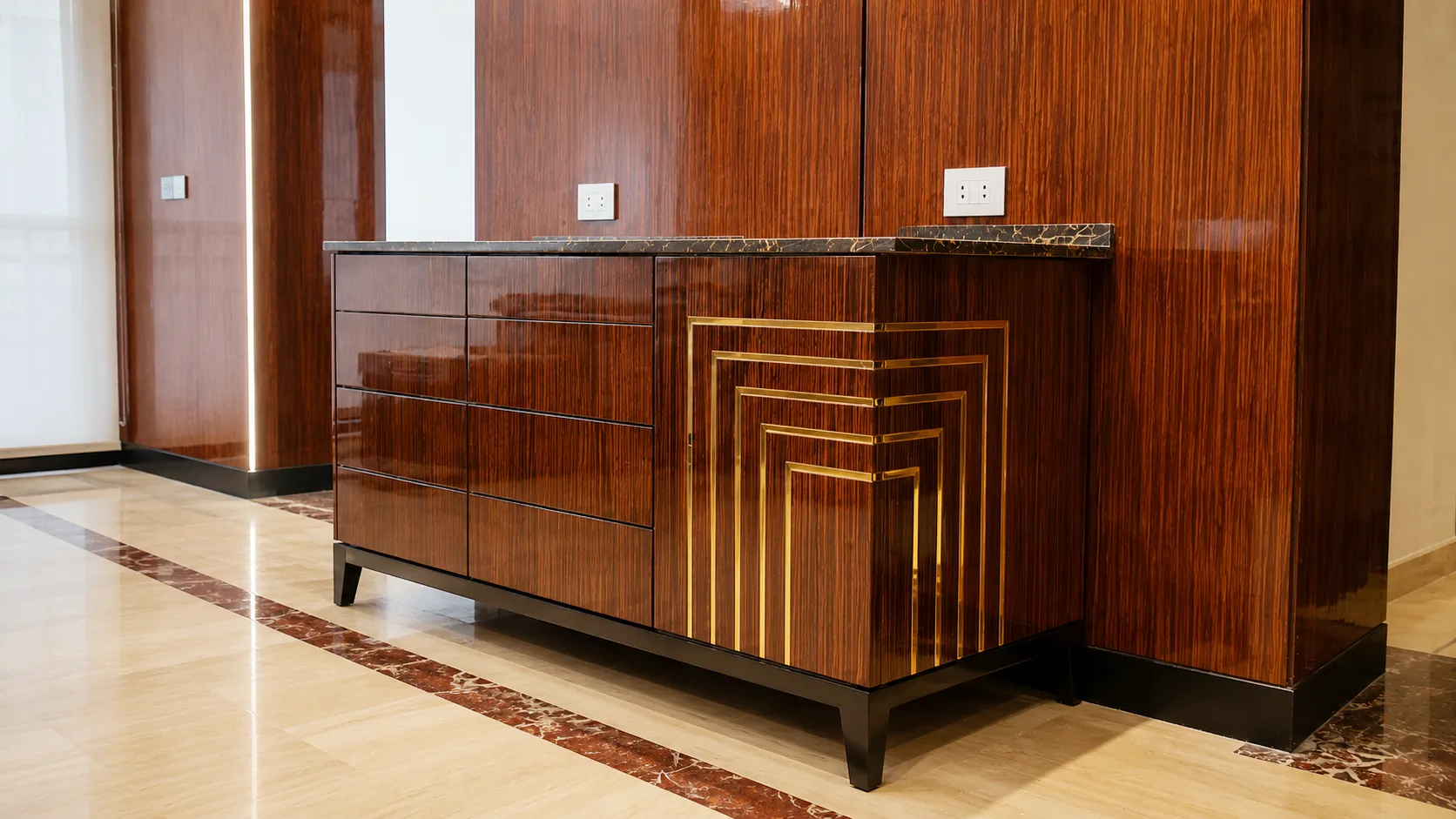 Bespoke timber reception desk in the Dakahlia Group project in Nasr City