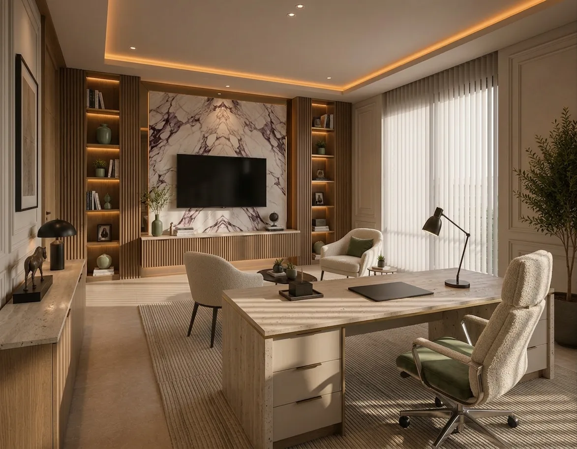 Home office with marble media wall in the Palm Hills VGK Compound project in 5th Settlement