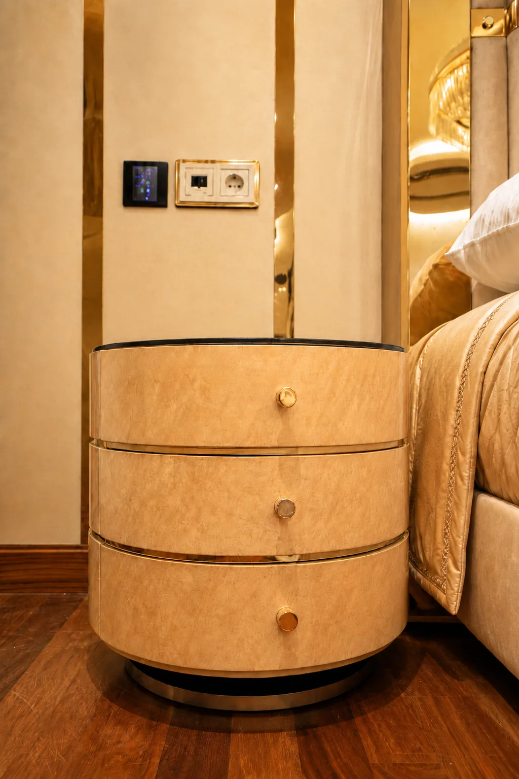 Upholstered bedside table detail in the Mohandseen Apartment project in Mohandseen