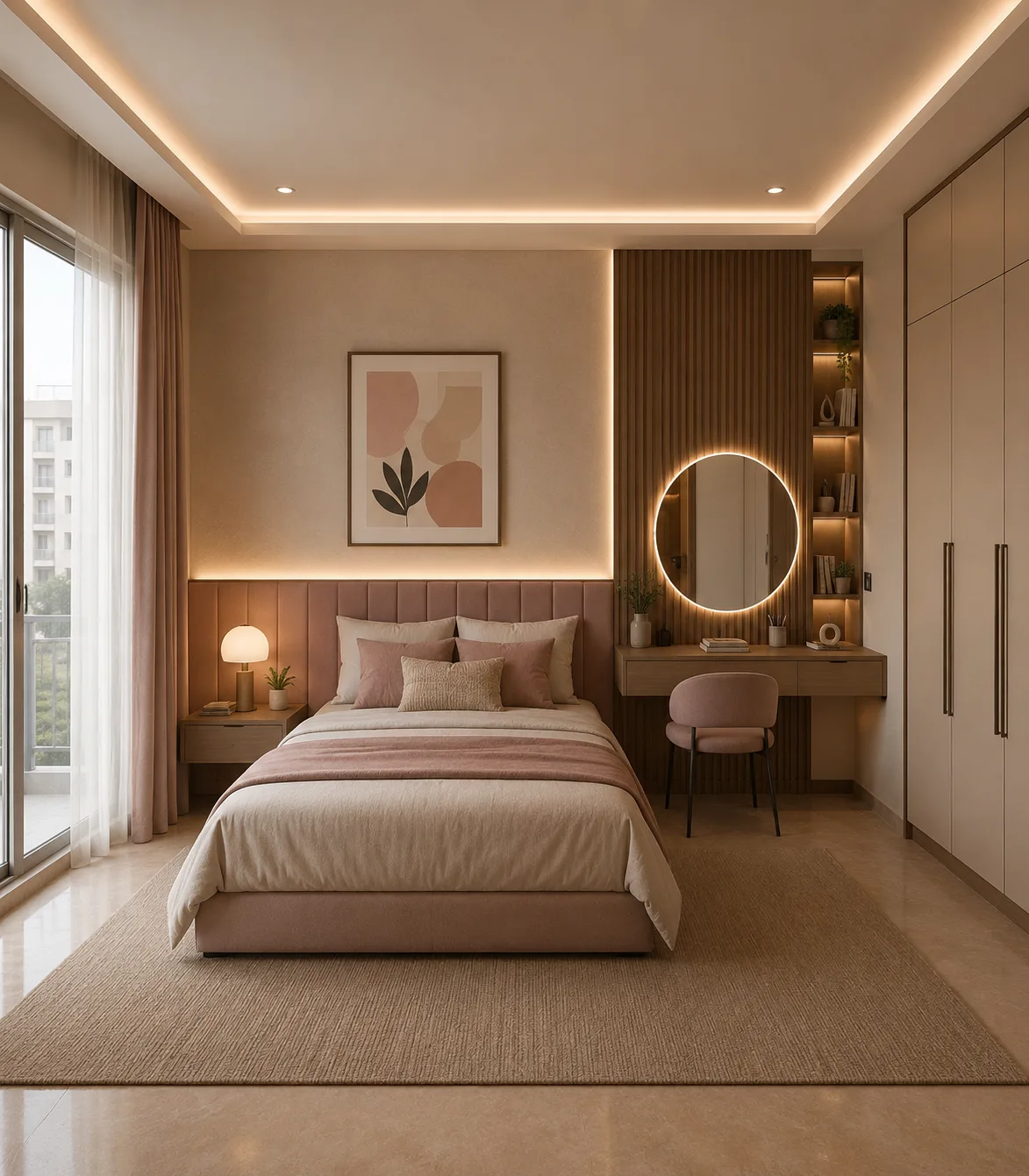 Warm bedroom with vanity in the Palm Hills VGK project in 5th Settlement