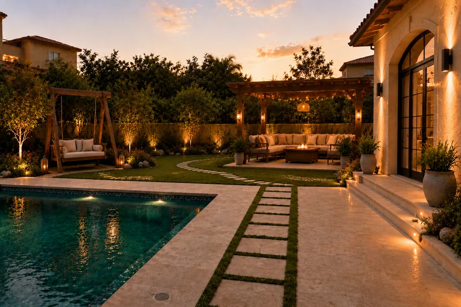 Villa pool and garden at sunset in the Al Gazera Compound project in Elshekh Zayed