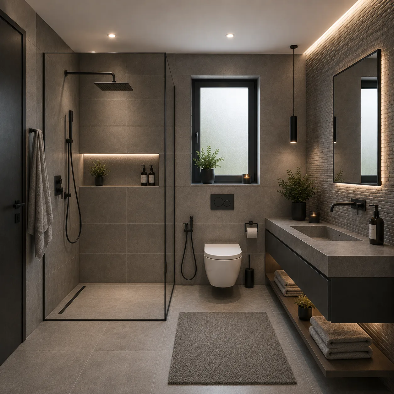 Dark guest bathroom in the Palm Hills VGK project in 5th Settlement