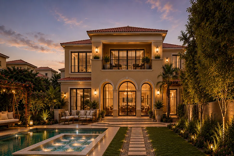 Villa exterior with pool in the Al Gazera Compound project in Elshekh Zayed