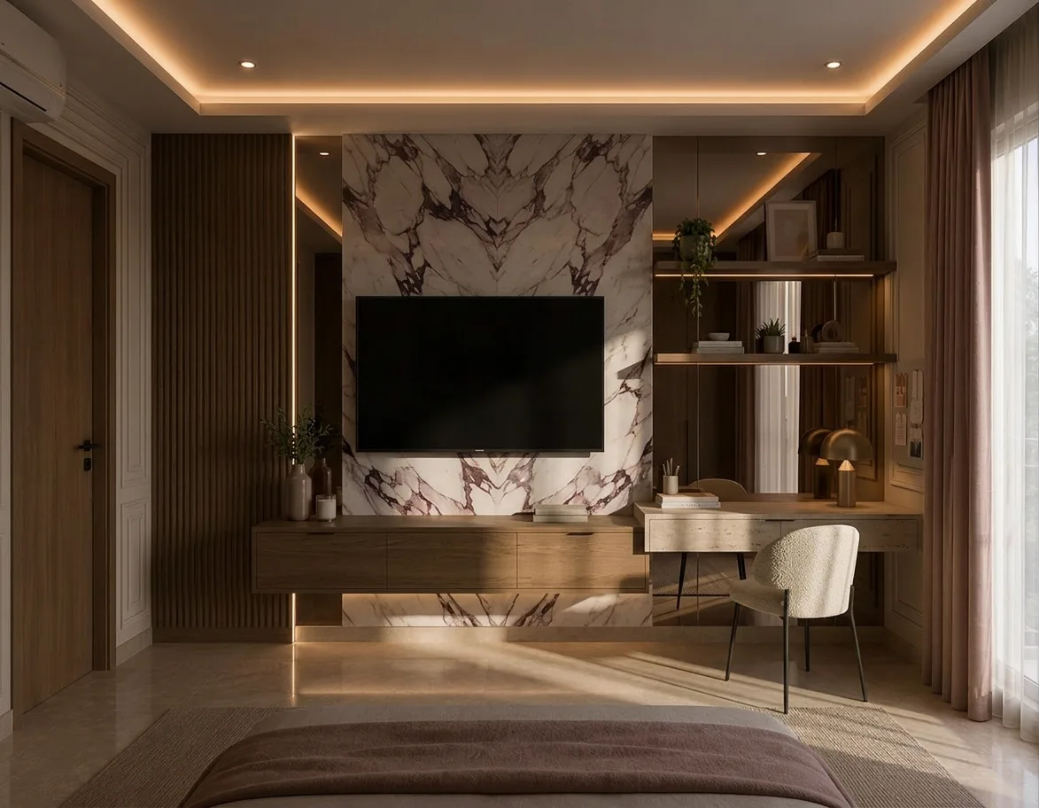 Bedroom media wall and desk in the Palm Hills VGK Compound project in 5th Settlement