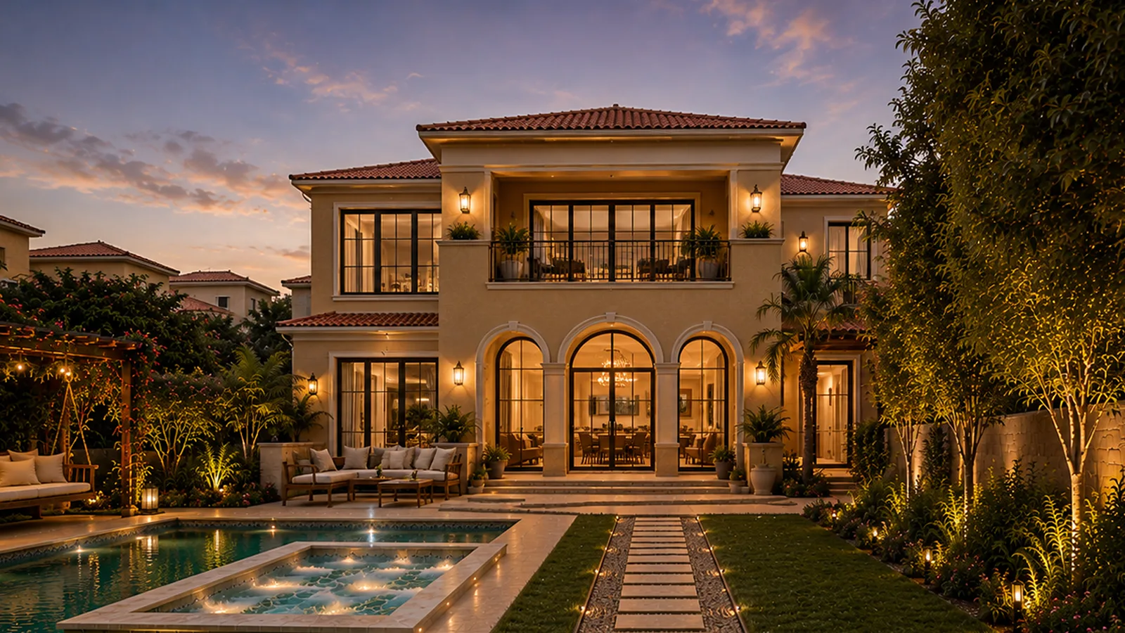 Villa exterior with pool in the Al Gazera Compound project in Elshekh Zayed