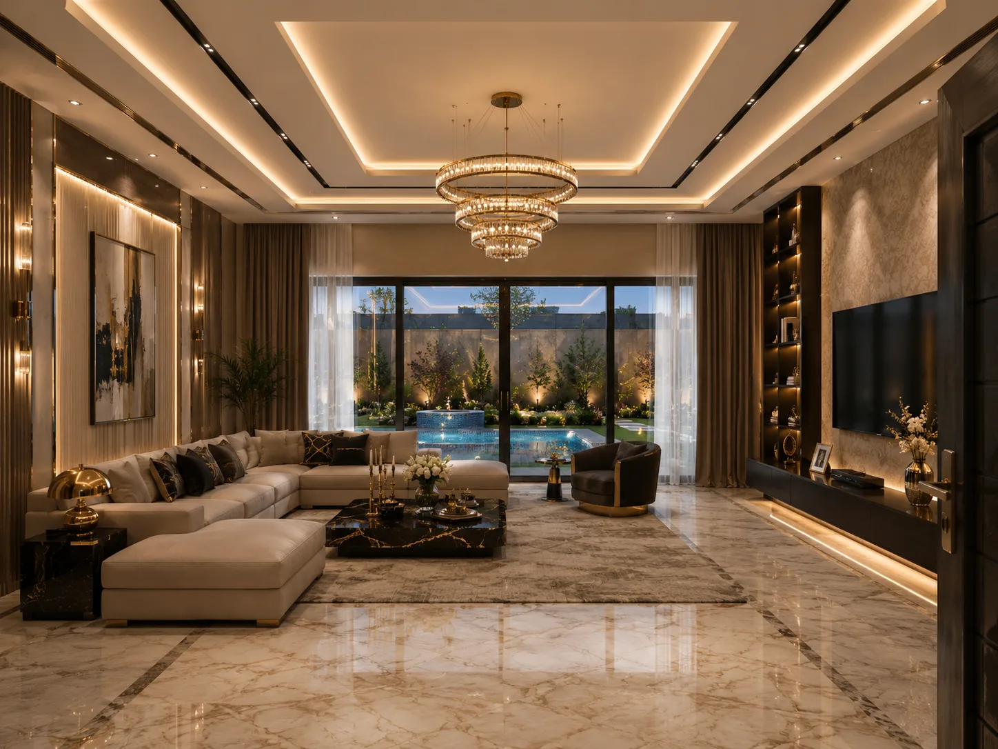 Luxury living room overlooking pool in the Pyramid Hills Compound project in 6 October