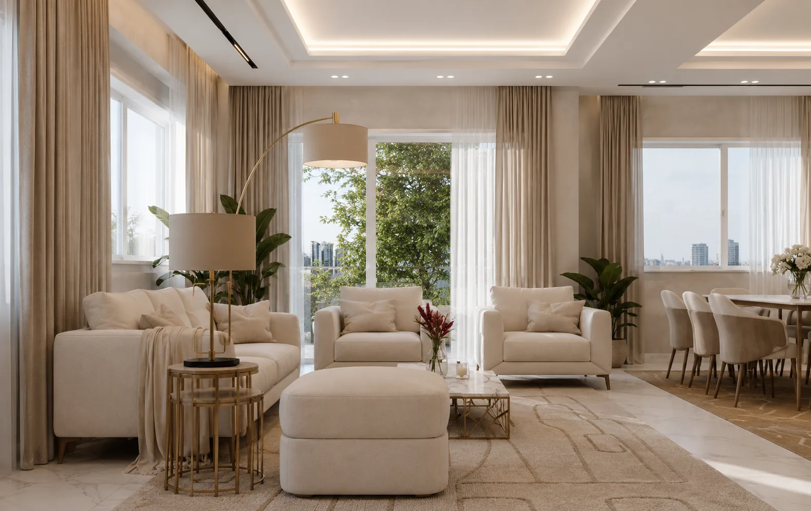 Bright open-plan living room in the Madinaty project in Madinaty