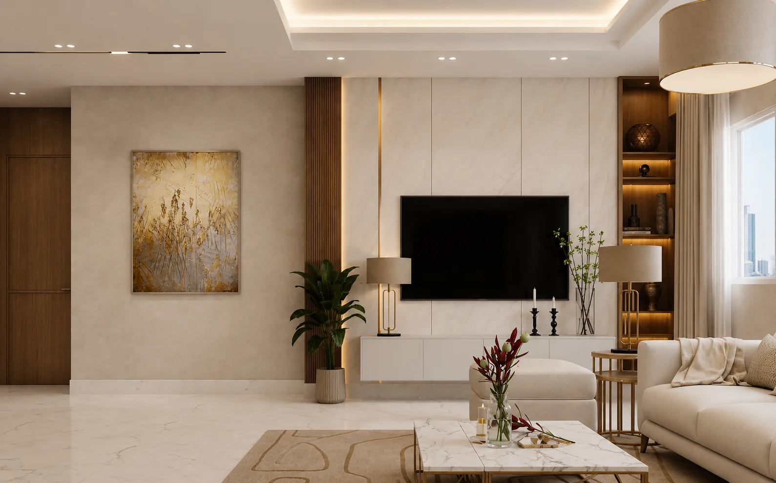 Bright living room and display wall in the Madinaty project in Madinaty