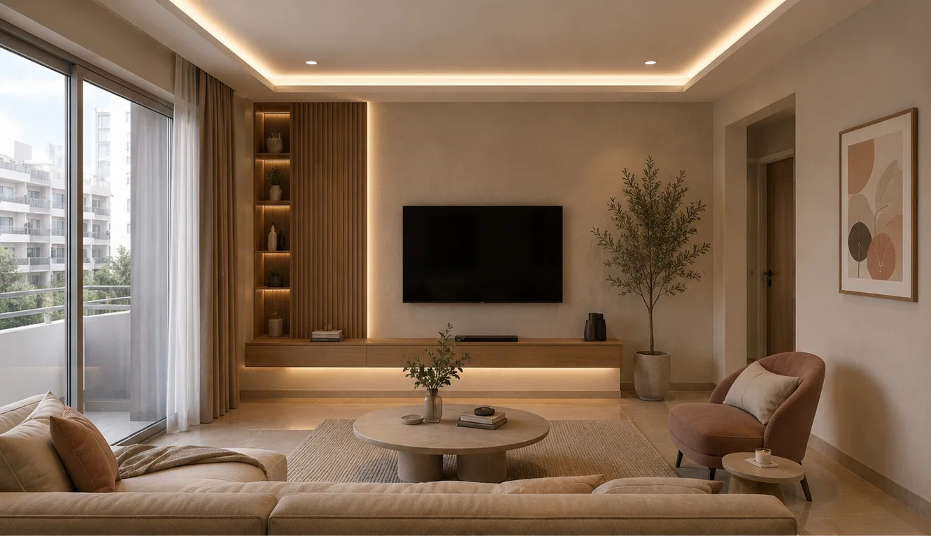 Living room media wall in the Palm Hills VGK project in 5th Settlement