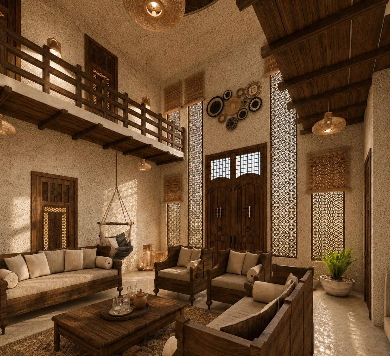 Rustic double-height siwa living room in the Siwa Oasis project in Siwa Oasis