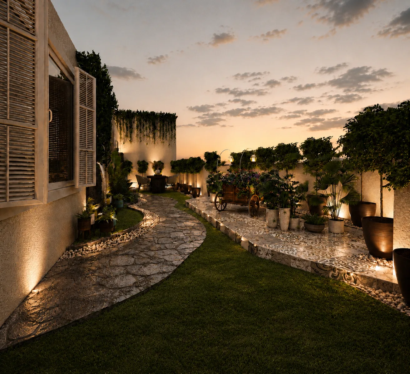 Landscaped garden path at dusk in the Rocks Residence Compound project in Katemeya