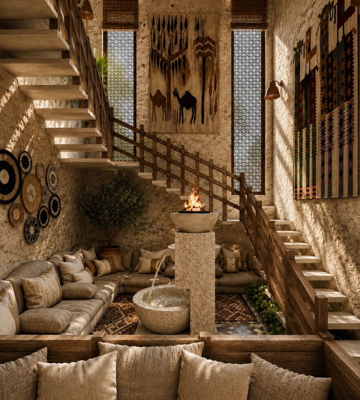 Rustic siwa living room and staircase in the Siwa Oasis project in Siwa Oasis