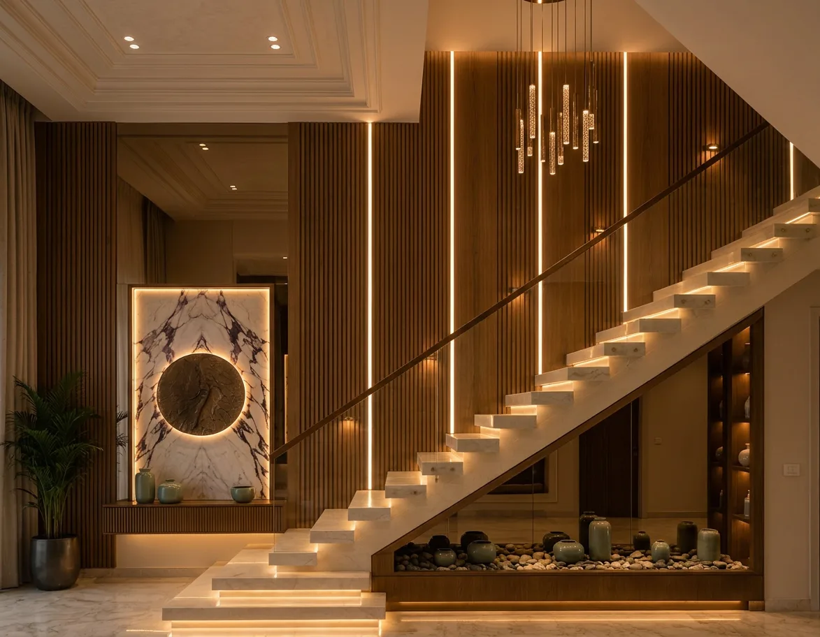 Illuminated timber staircase in the Palm Hills VGK Compound project in 5th Settlement
