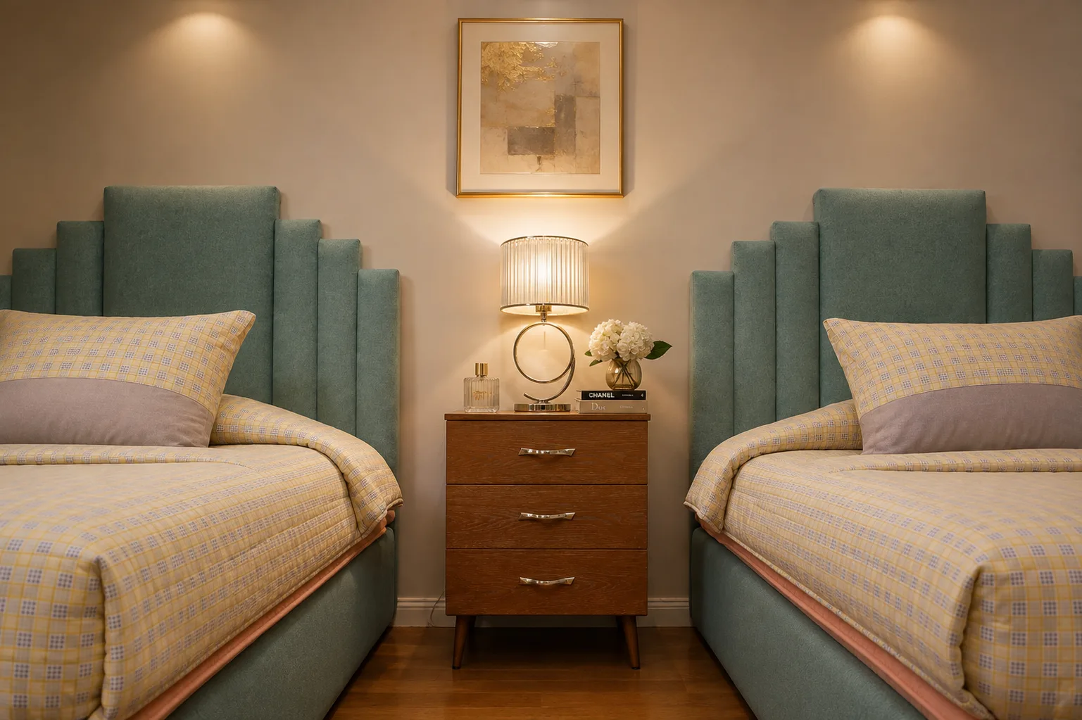 Twin bedroom with teal headboards in the Mivida Compound project in 5th Settlement